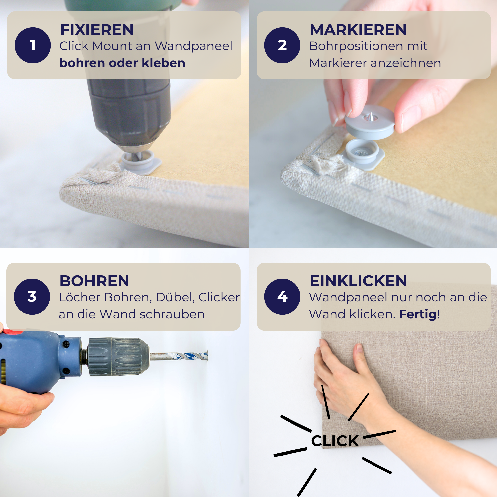 Click Mount System 4-er Set inkl. MARKIERER zur Fixierung von Wandpaneelen