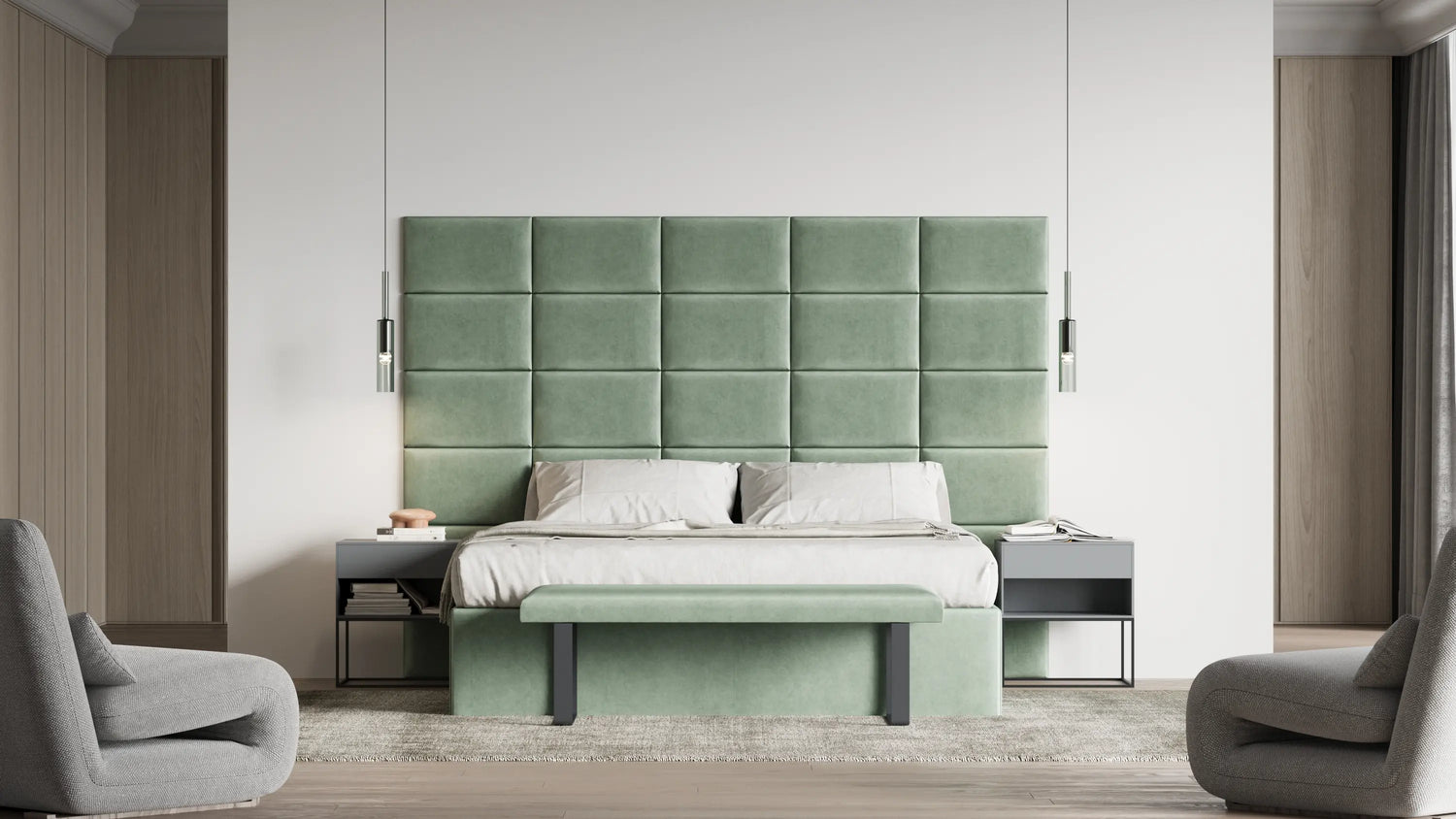 Modernes Bettkopfteil aus mintgrünen Wandpolstern hochwertige Polsterpaneele aus Samt für stilvolle Schlafzimmergestaltung.