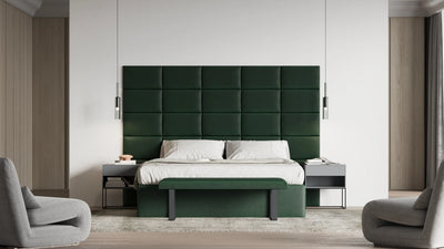 Modernes Bettkopfteil aus grünen Wandpolstern hochwertige Polsterpaneele aus Samt für stilvolle Schlafzimmergestaltung.