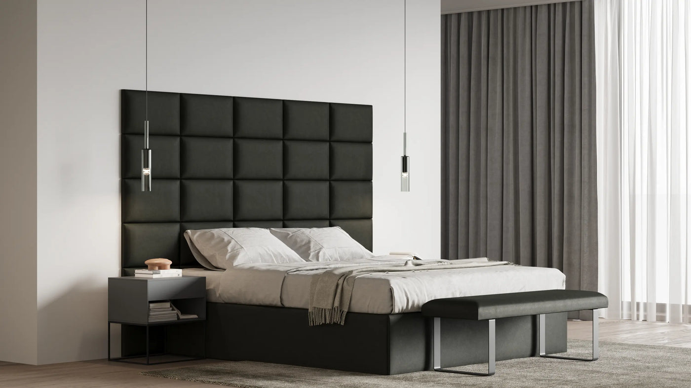 Modernes Bettkopfteil aus Dunkelgrauen Wandpolstern hochwertige Polsterpaneele aus Samt für stilvolle Schlafzimmergestaltung.