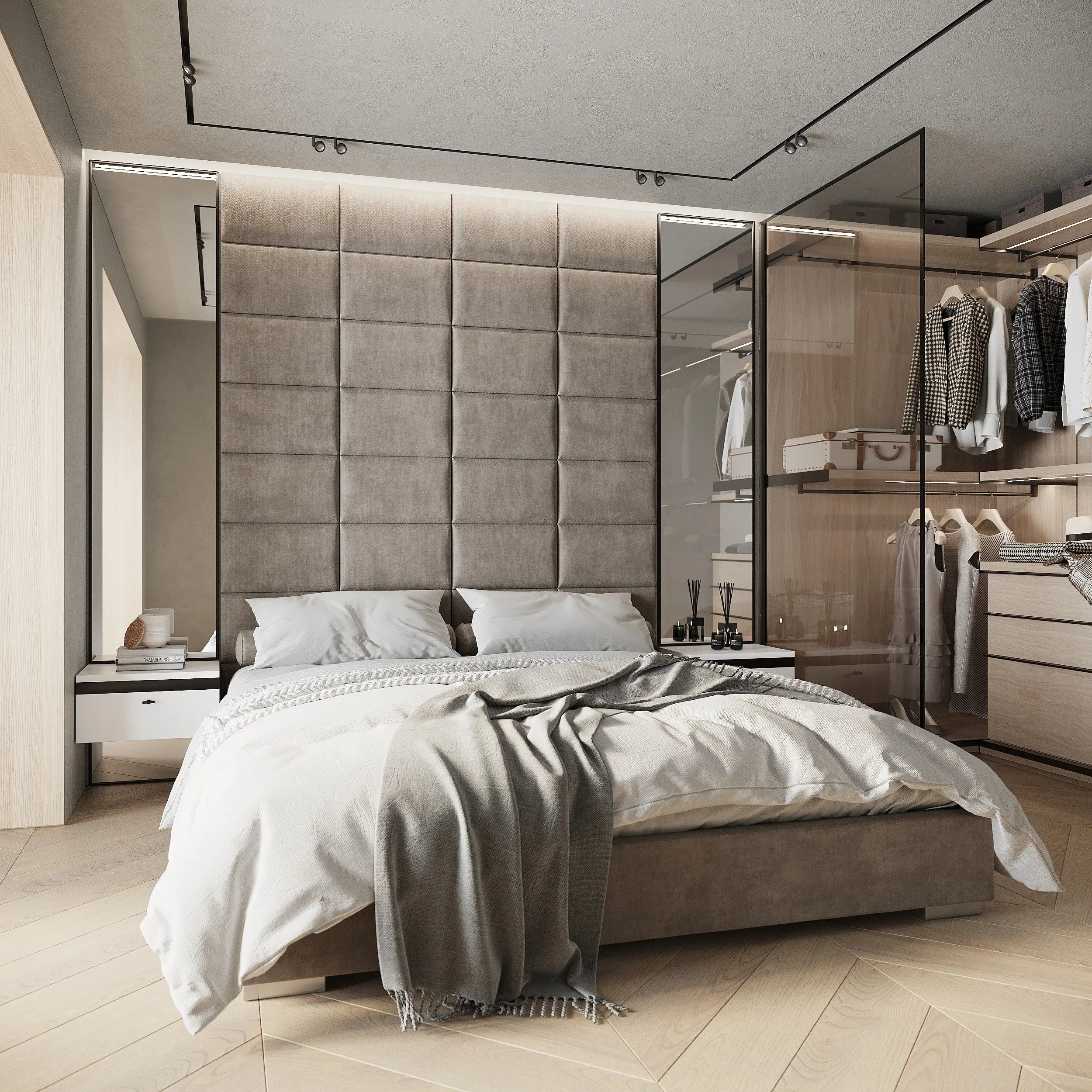 Beige Polsterpaneele als luxuriöses Kopfteil im modernen Schlafzimmer und hochwertige Wandpaneele aus Samt für stilvolle Raumgestaltung.