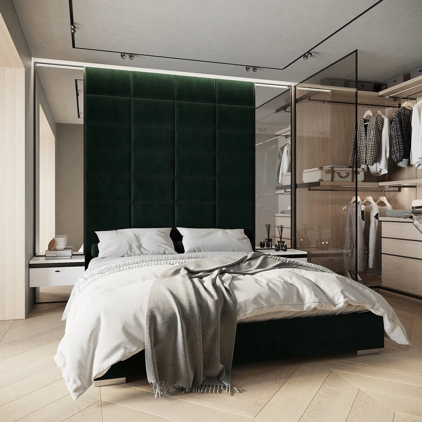 Grüne Polsterpaneele als luxuriöses Kopfteil im modernen Schlafzimmer und hochwertige Wandpaneele aus Samt für stilvolle Raumgestaltung.