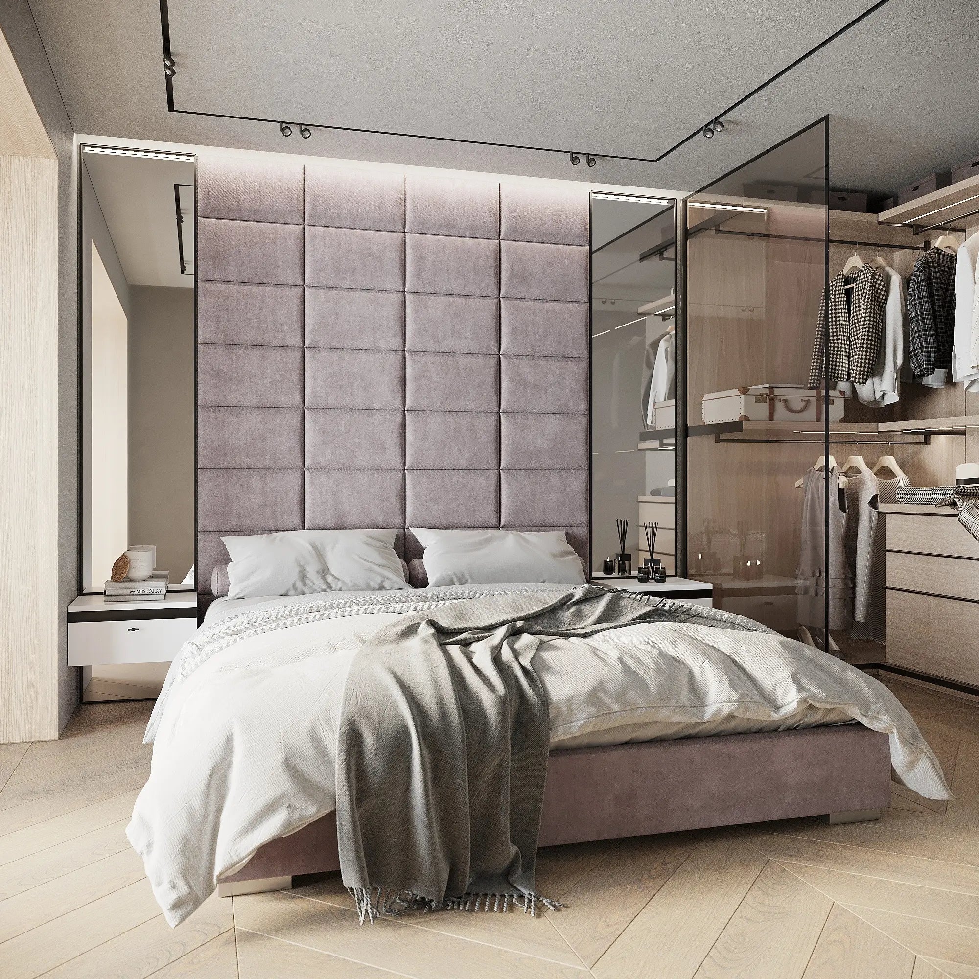 Rosa farbene Polsterpaneele als luxuriöses Kopfteil im modernen Schlafzimmer und hochwertige Wandpaneele aus Samt für stilvolle Raumgestaltung.