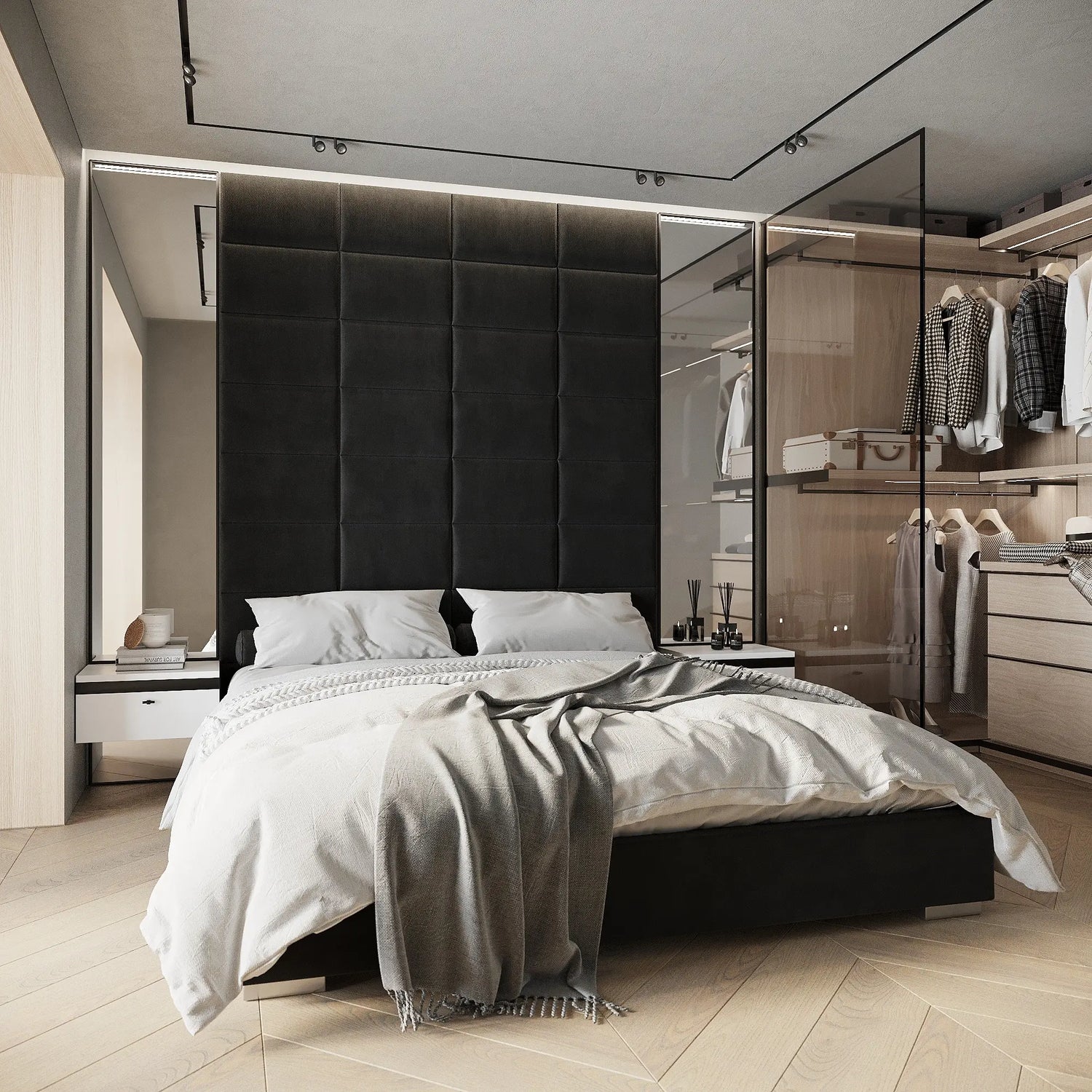 Dunkelgraue Polsterpaneele als luxuriöses Kopfteil im modernen Schlafzimmer und hochwertige Wandpaneele aus Samt für stilvolle Raumgestaltung